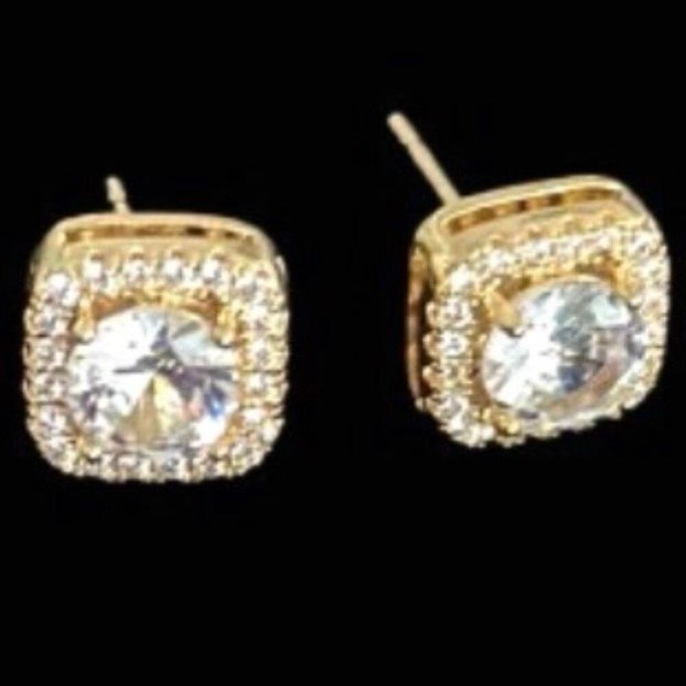 Fireframe Square Halo Earrings – .4” Gold Plated Brilliant Cut CZ Studs for Men